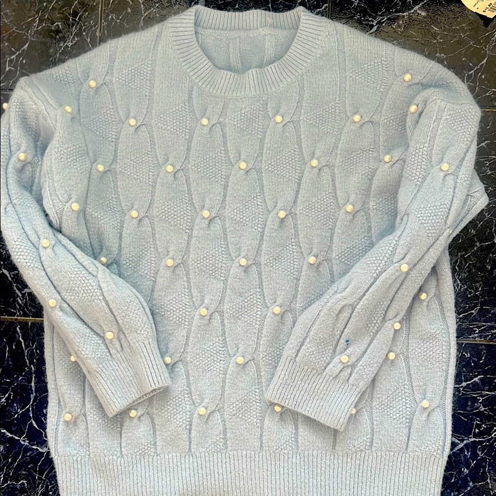 Light Blue Sweater with Pearl Accents